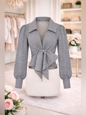 Tie-Front Gingham Blouse - Black/White